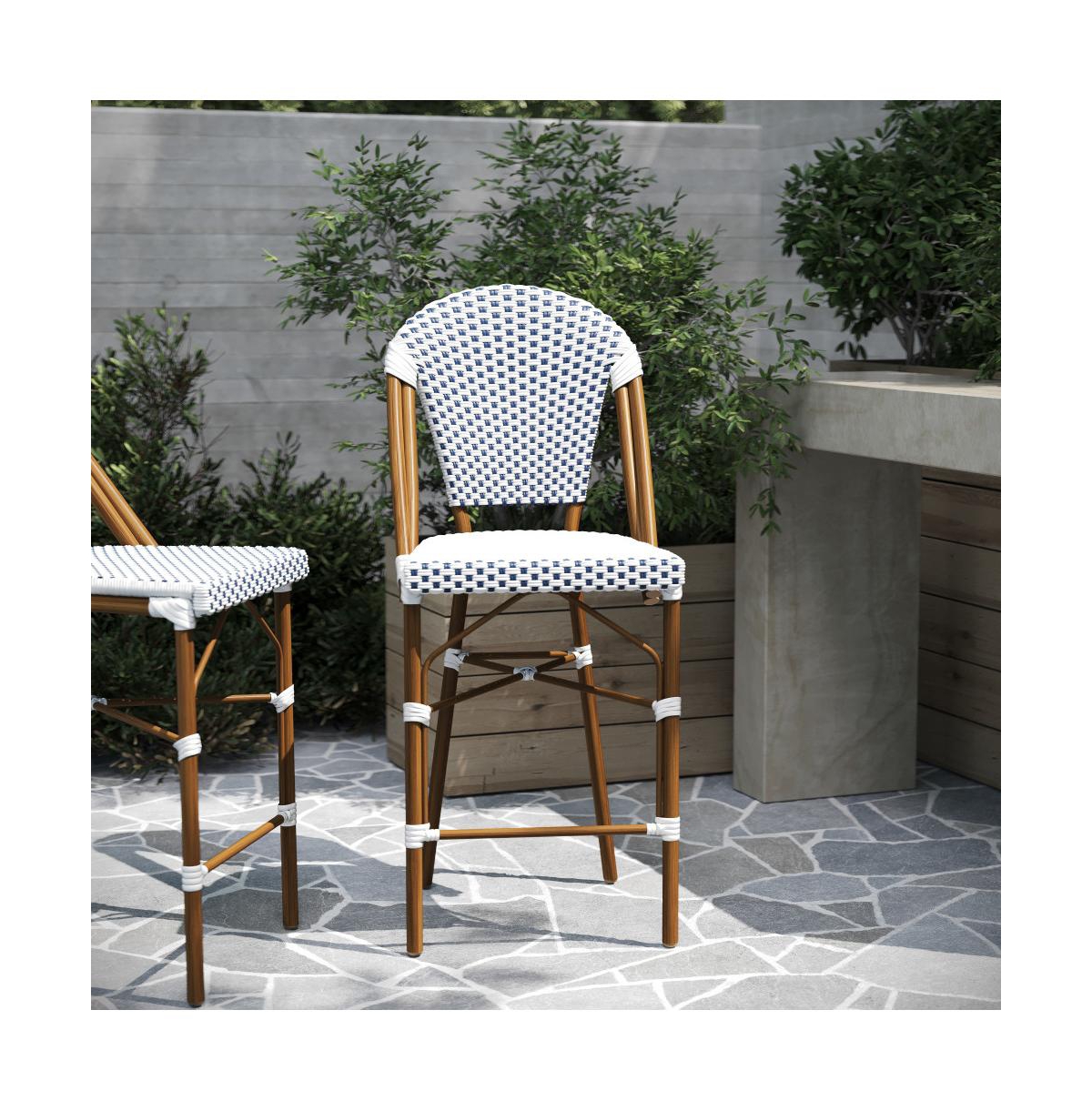 Merrick Lane Celia Set Of Two Indoor/Outdoor Stacking Bistro Counter Stools With White And Gray Patterned Seats And Backs & Bamboo Finished Metal Fram
