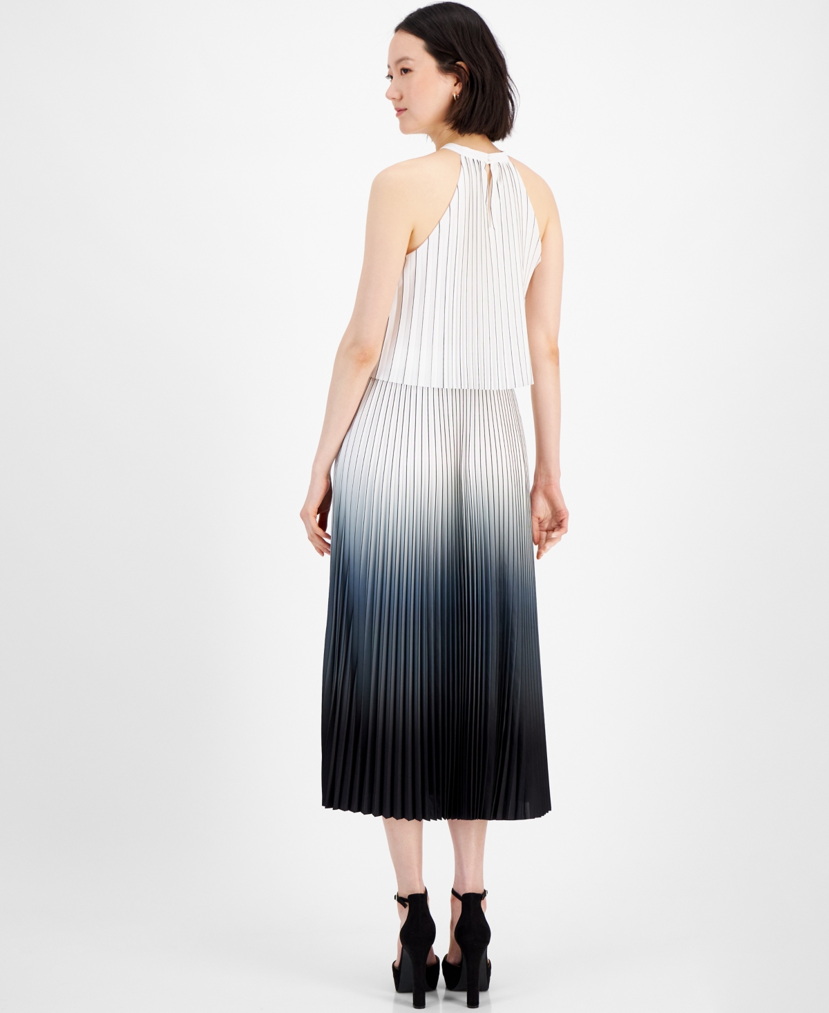T Tahari Women's Ombre Pleated Midi Dress - Black  White