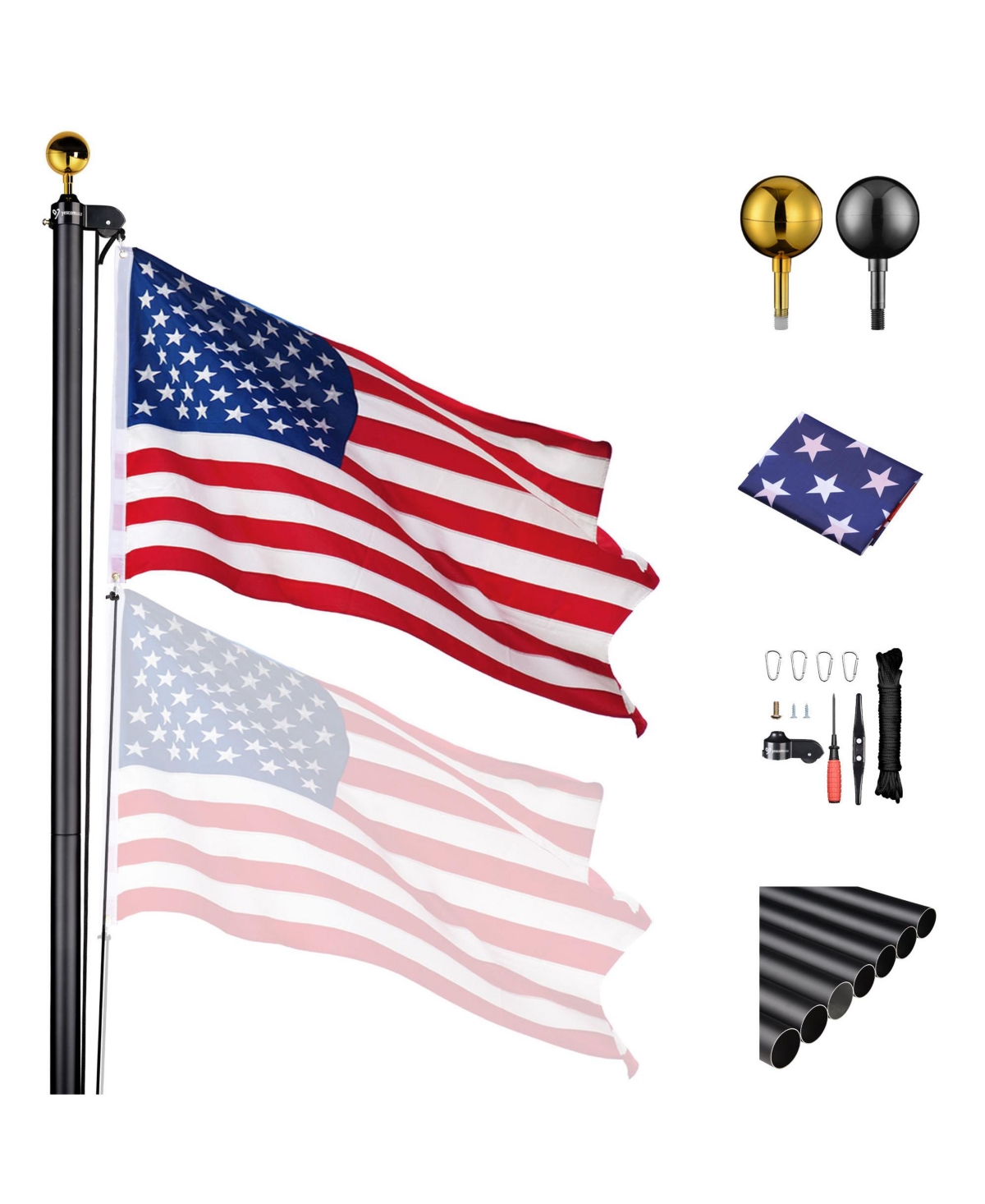 25 Ft Aluminum Sectional Flagpole with 3x5 Ft Us Flag Gold Ball Outdoor - Black