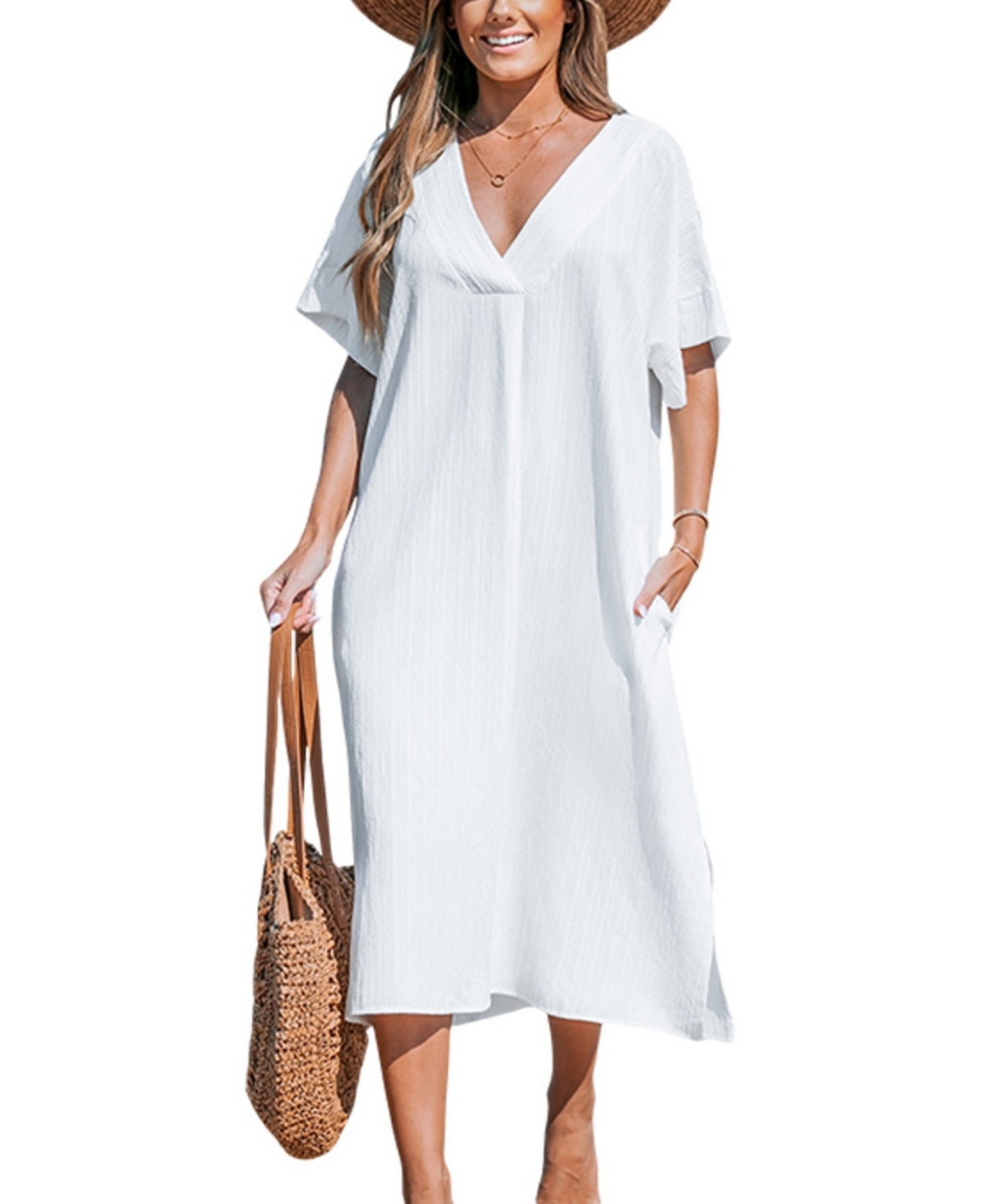 Women's White Dolman Sleeve Loose Fit Maxi Cover-Up Beach Dress - White