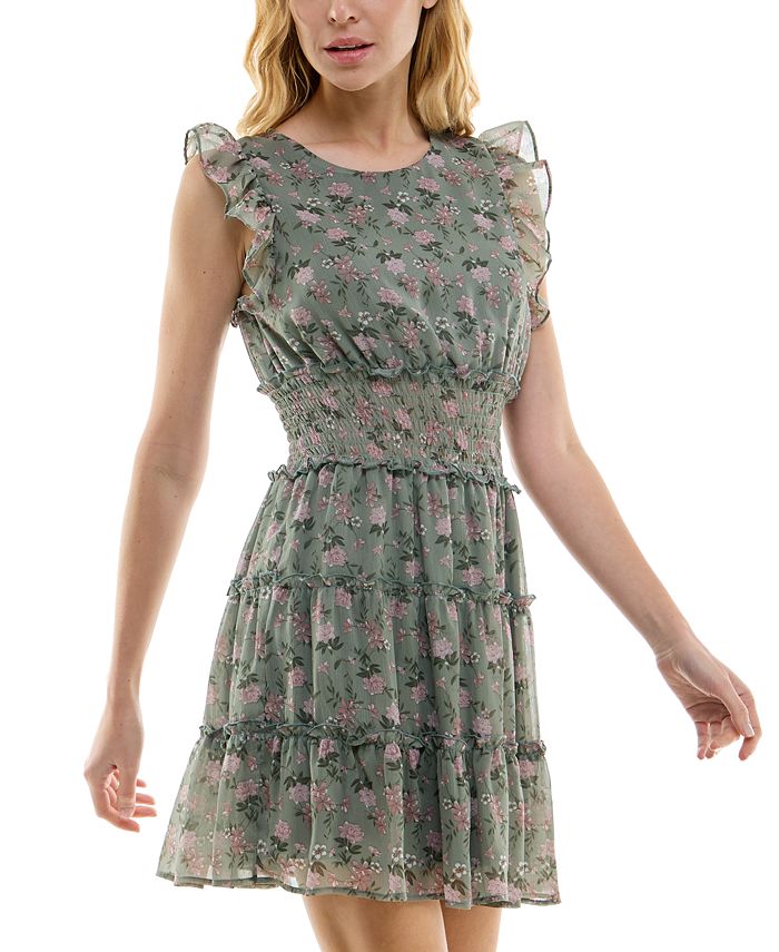 Trixxi Juniors' Printed Smocked-Waist Tiered Ruffle Dress - Macy's