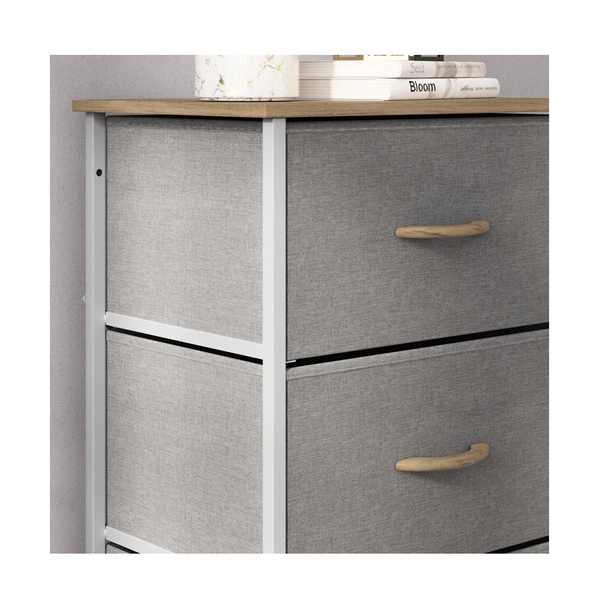 Marley 4 Drawer Storage Dresser With Cast Iron Frame, Wood Top And Easy Pull Fabric Drawers With Wooden Handles -white frame