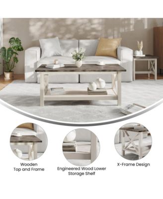 Matty Rustic Coffee Table With Lower Shelf, Farmhouse Style Solid Wood Accent Table