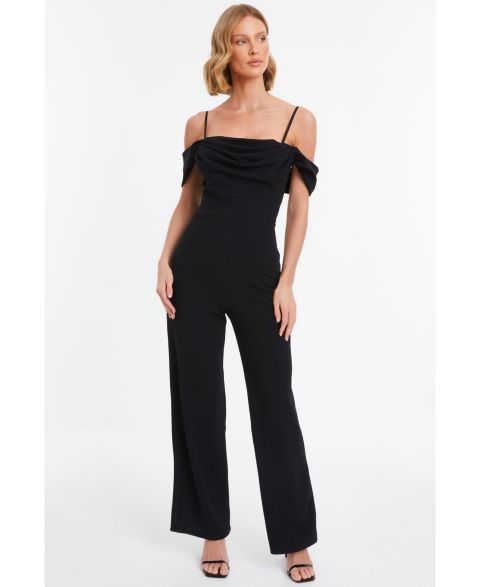 Женский комбинезон QUIZ Scuba Crepe Cold Shoulder Palazzo Jumpsuit, цвет: Чёрный