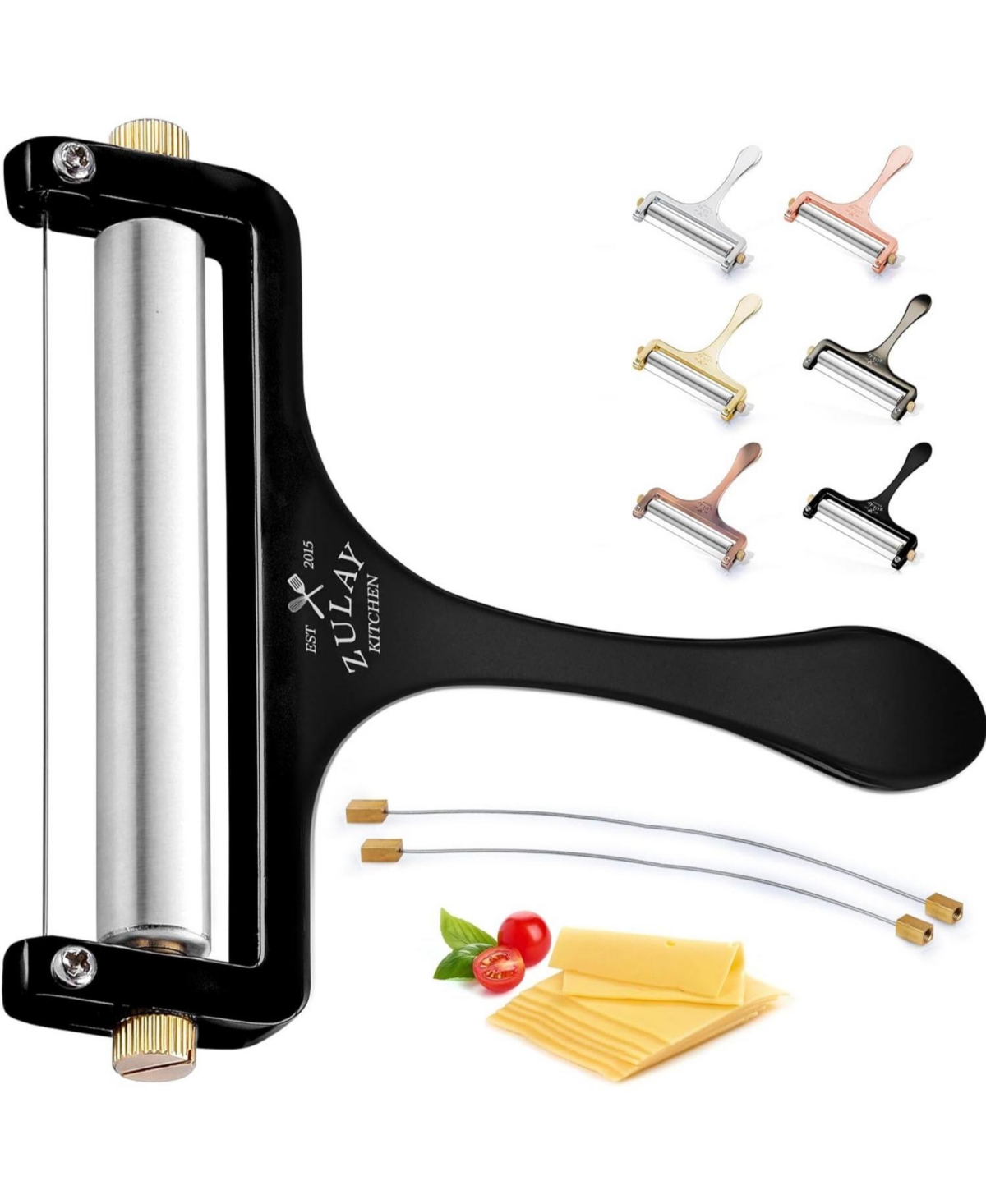 Zulay Kitchen Stainless Steel Wire Cheese Slicer - Adjustable Hand Held Cheese Cutter with 2 Extra Wires