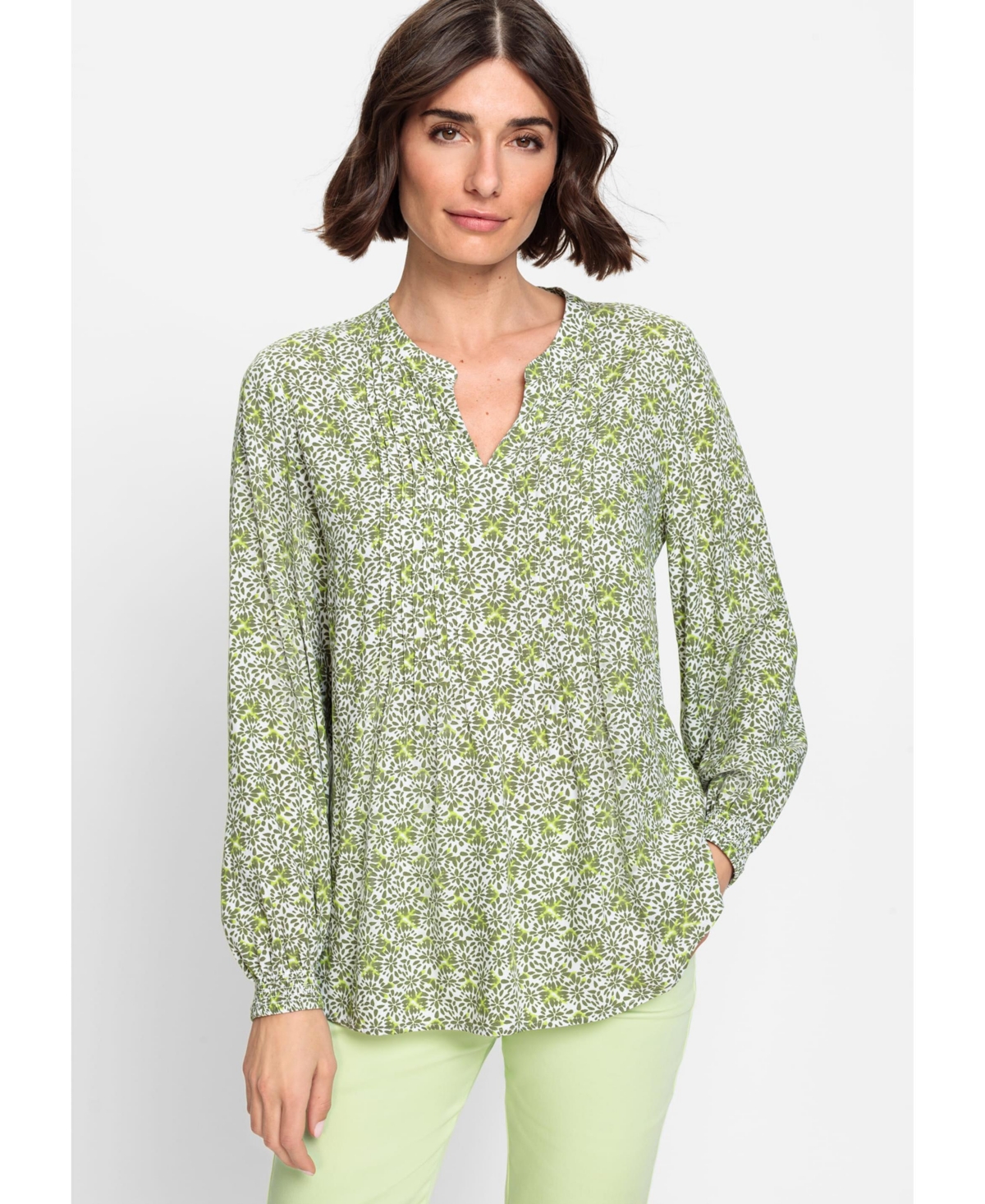 Women's 100% Viscose Long Sleeve Printed Tunic Blouse - Dk khaki