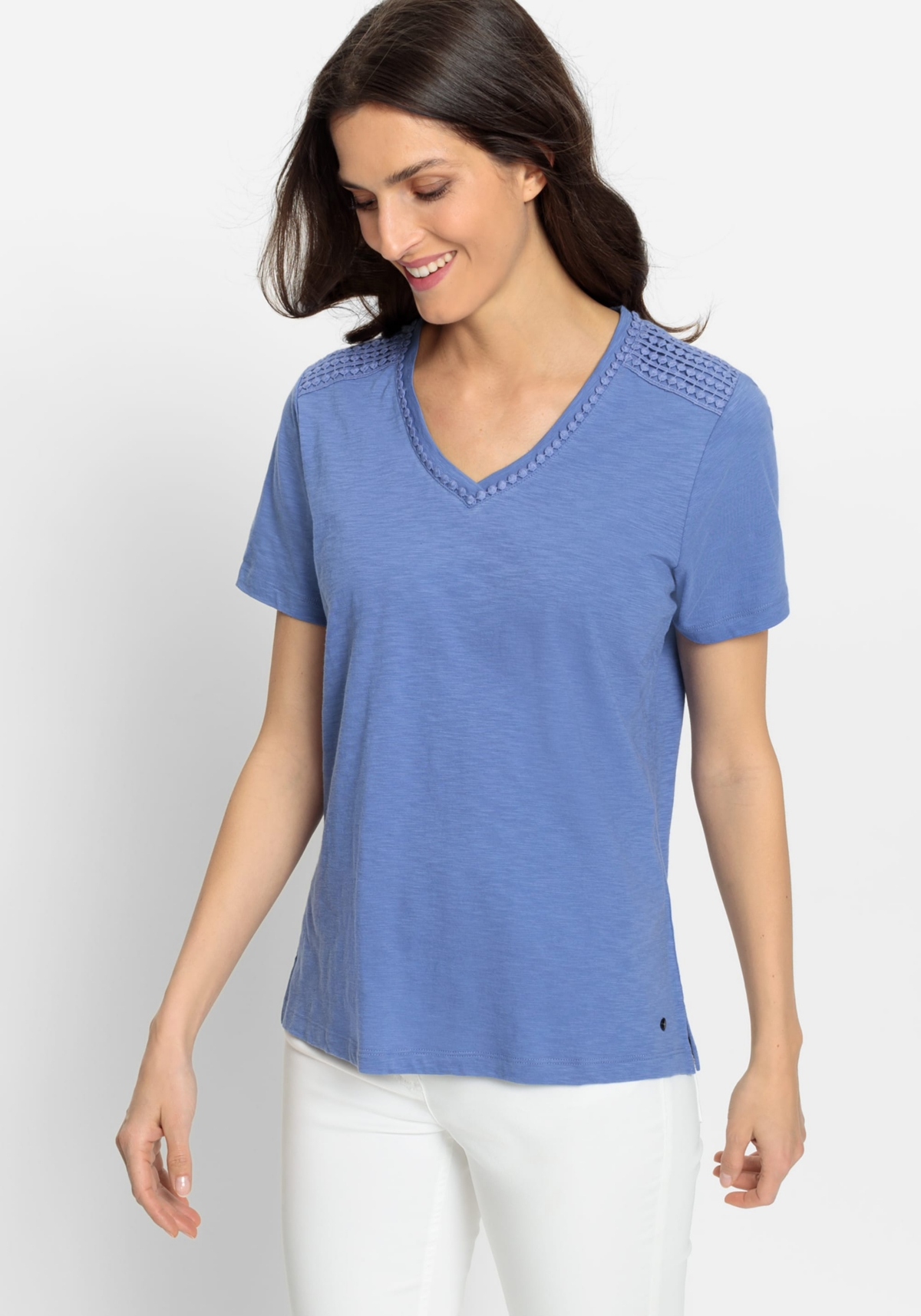 Women's Short Sleeve Tee with Embroidered Trim - Bleached denim