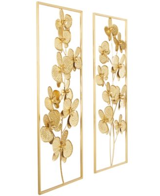 by Cosmopolitan Gold Metal Orchid Floral Wall Decor with Gold Frame Set of 2 14"W, 36"H