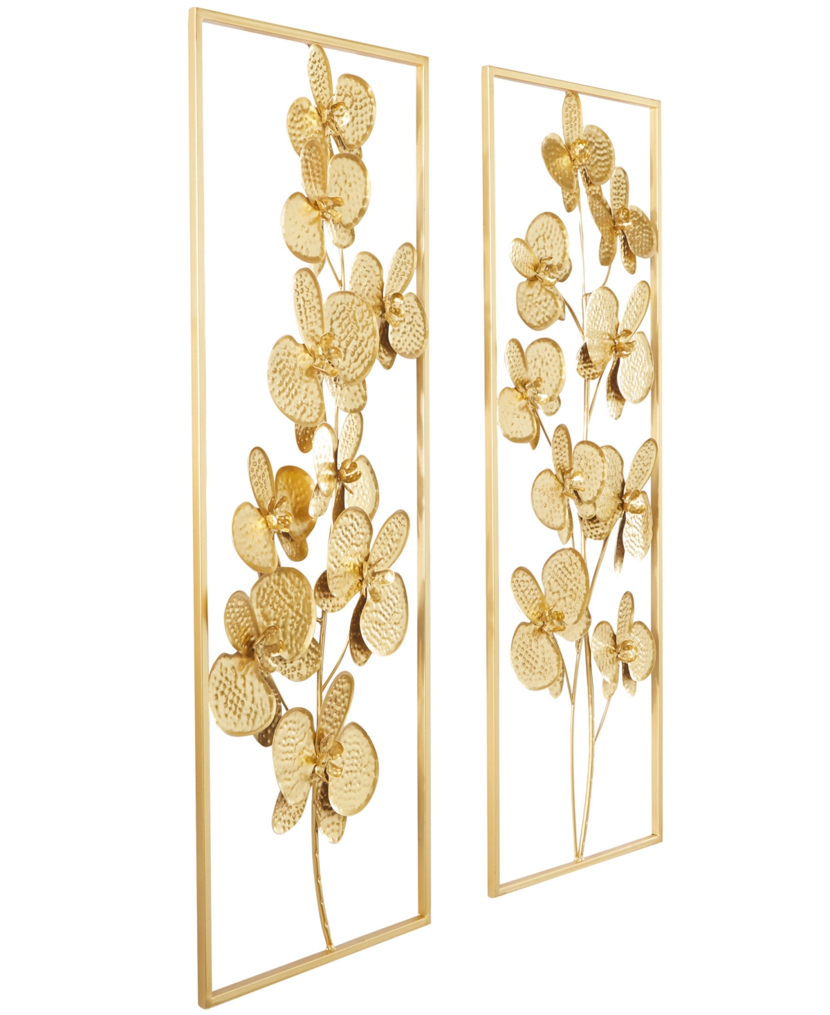 CosmoLiving by Cosmopolitan Gold Metal Orchid Floral Wall Decor with Gold Frame Set of 2 14"W, 36"H