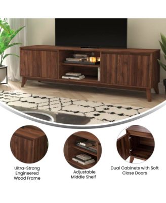 Beverly Mid-Century Modern Wooden Tv Stand With Soft Close Doors, Shelf, Cord Management Hole And Tapered Legs