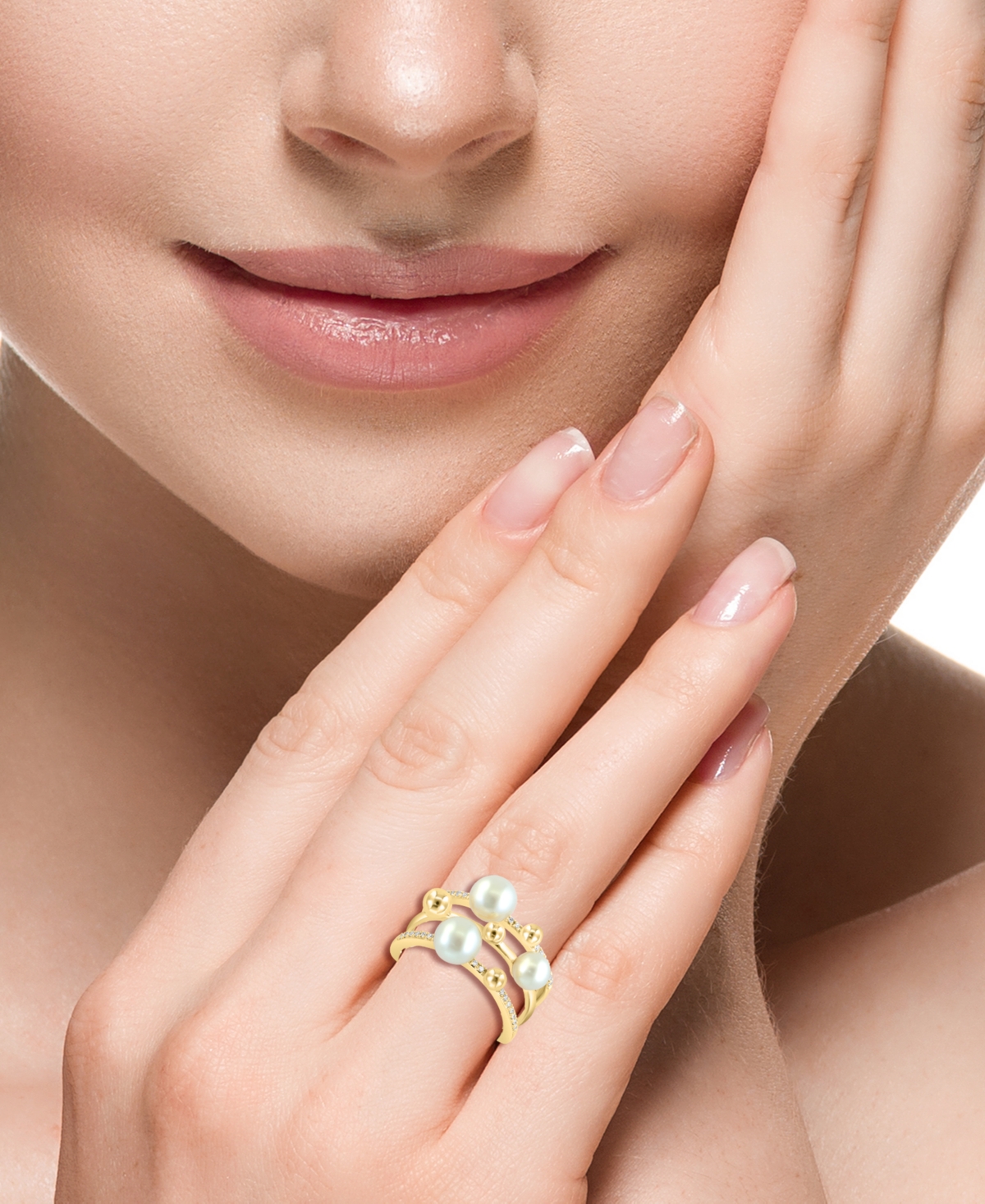 Effy Collection Effy Freshwater Pearl (5-6mm) & Diamond (1/10 Ct. T.w.) Multirow Statement Ring In Yellow Gol