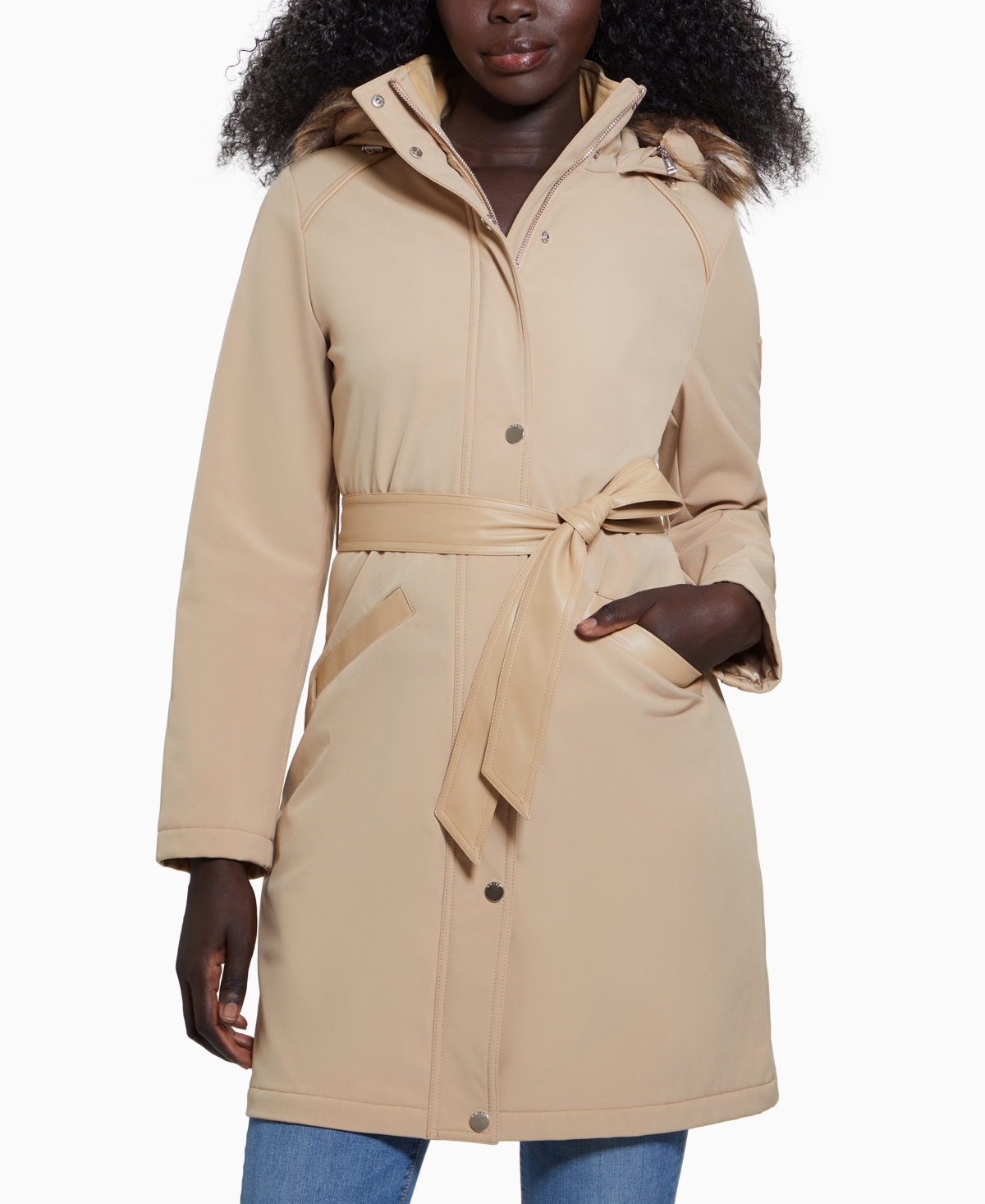 Guess Women's Faux-fur-trim Hooded Belted Raincoat In Herb Multi