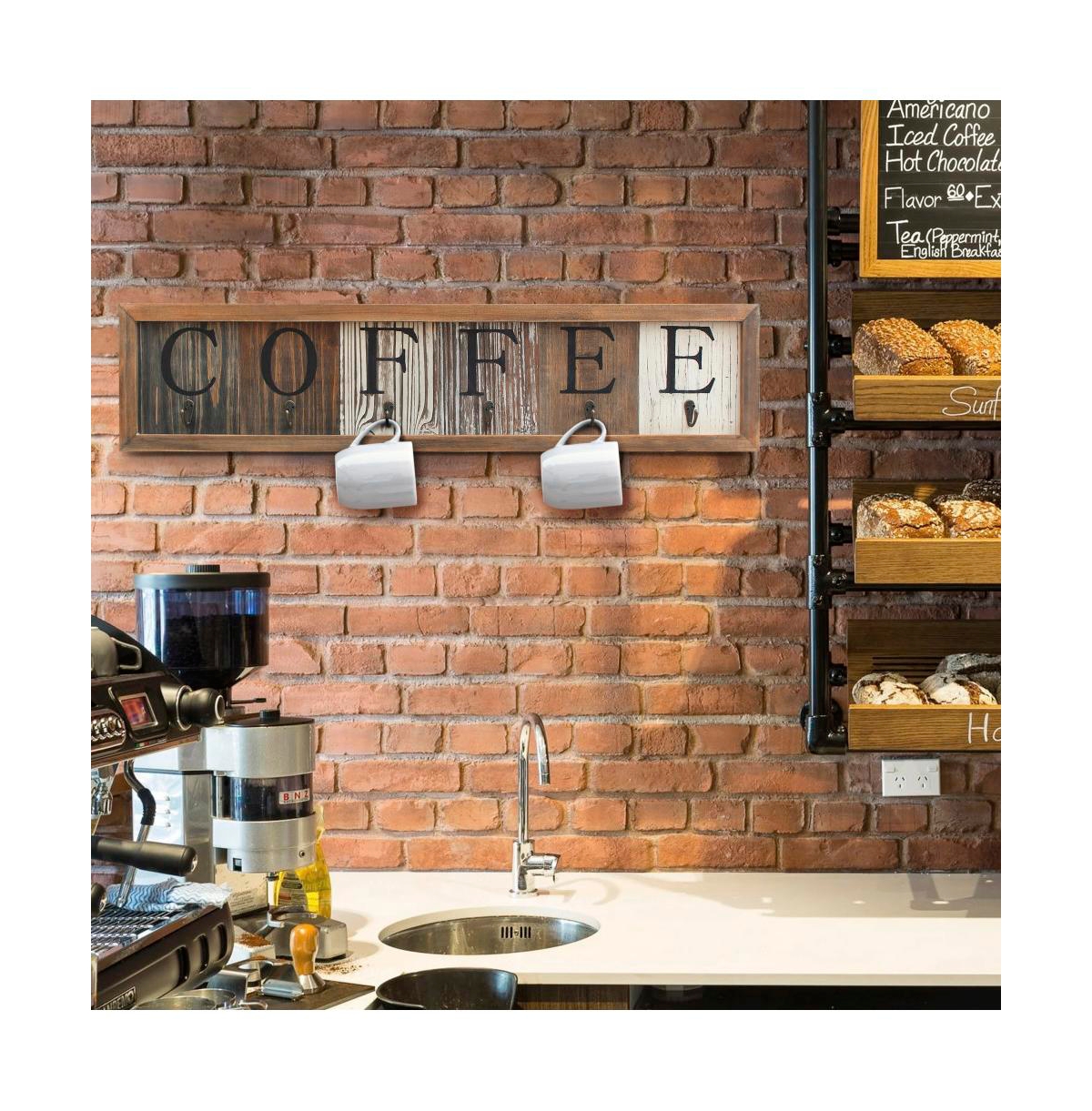 Rustic Coffee Mug Rack Wall Mounted, Printed Coffee Sign - 6 Coffee Cup Hooks - Wooden Coffee Mug Organizer - Distressed Coffee Rack Sign (31.5