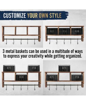 Rustic Coat Rack Wall Mounted Shelf With Hooks & Baskets, Entryway Organizer Wall Shelf With 5 Coat Hooks And Cubbies