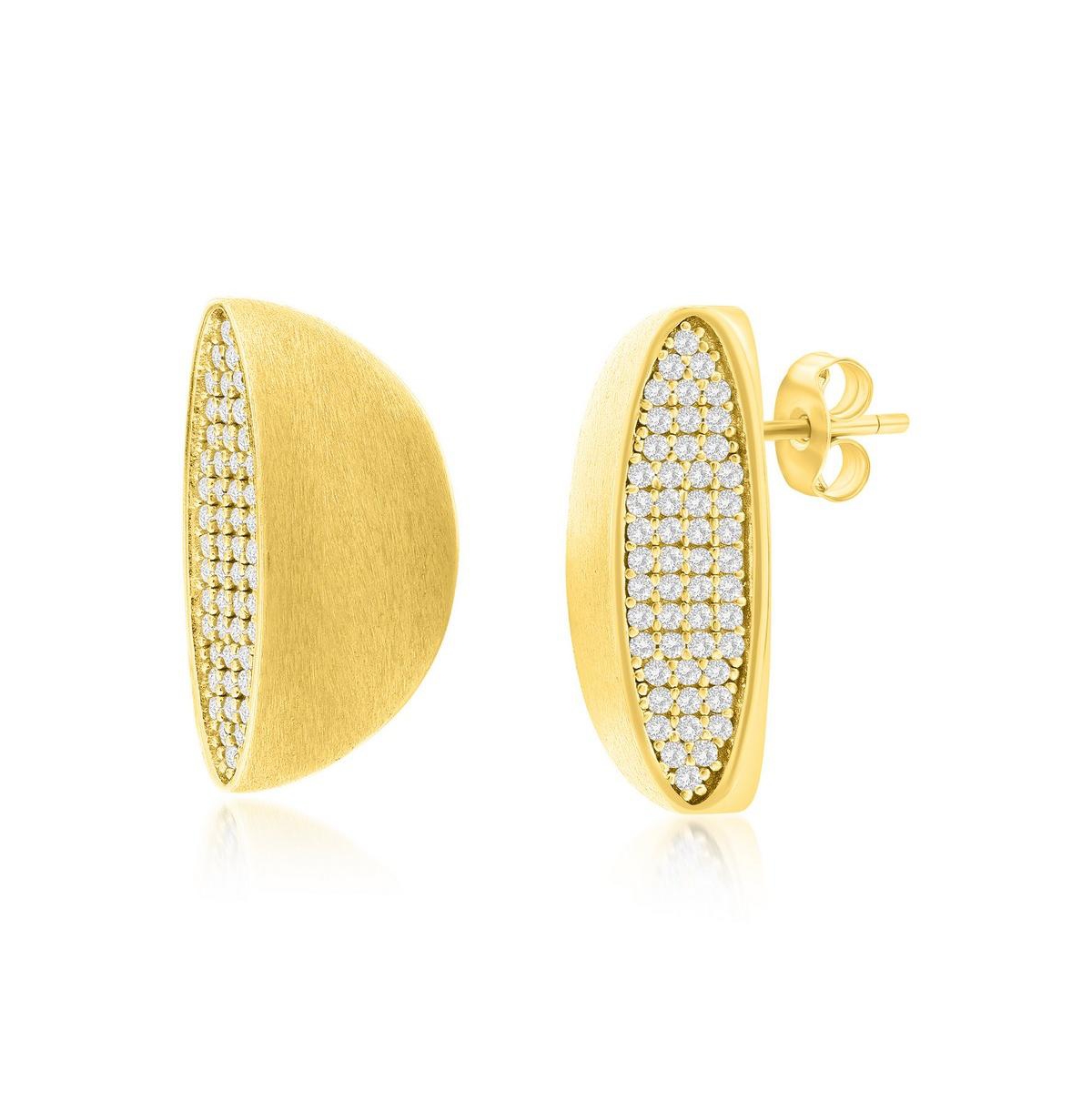 Gold Plated Over Sterling Silver Pave Cz Matte Half Circle Earrings - Gold
