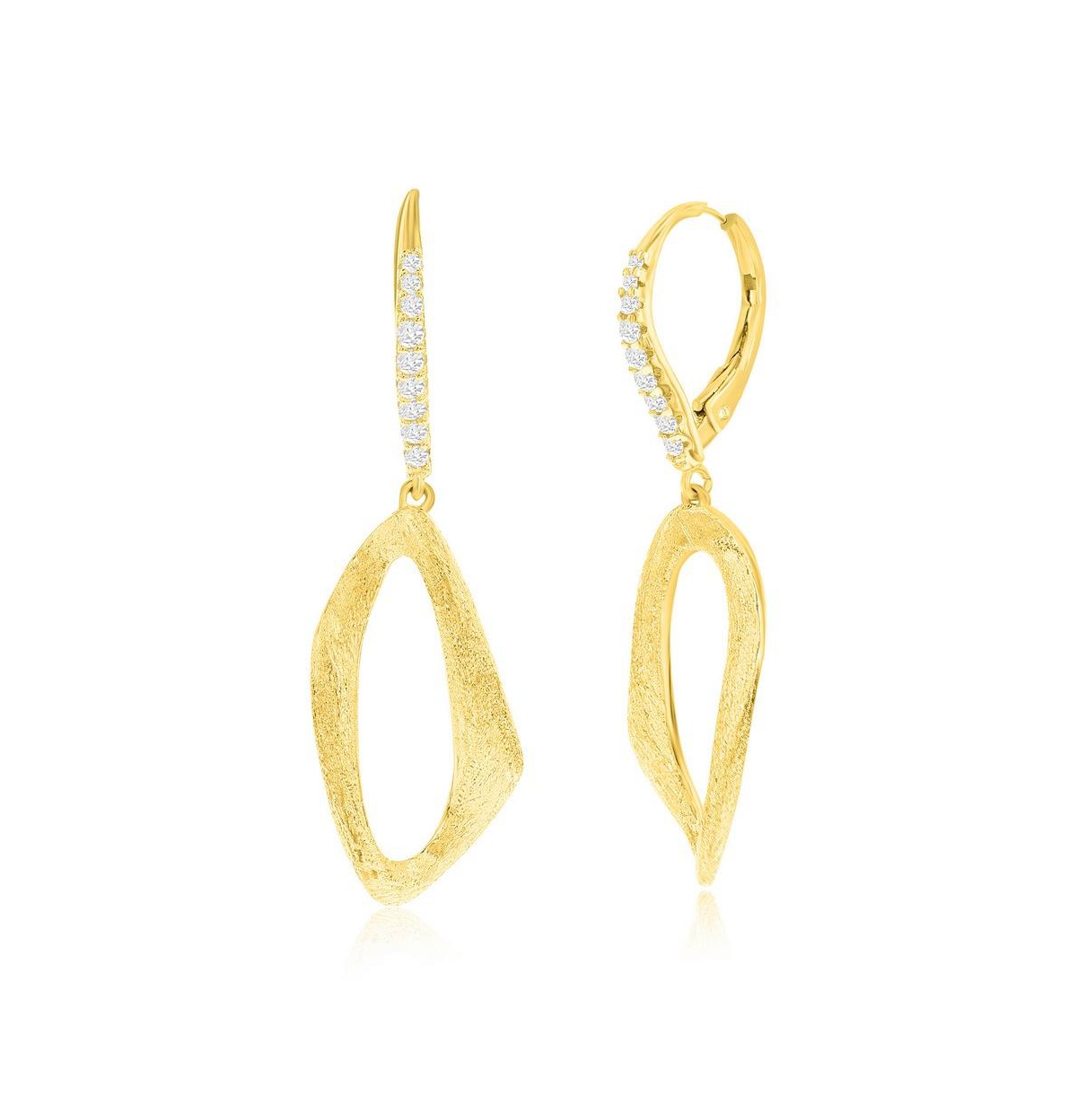 Gold Plated Over Sterling Silver Oval Twist Brushed Cz Earrings - Gold