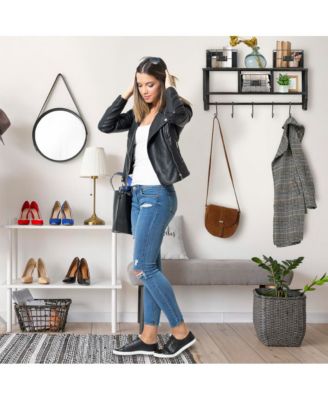 Rustic Coat Rack Wall Mounted Shelf With Hooks & Baskets, Entryway Organizer Wall Shelf With 5 Coat Hooks And Cubbies