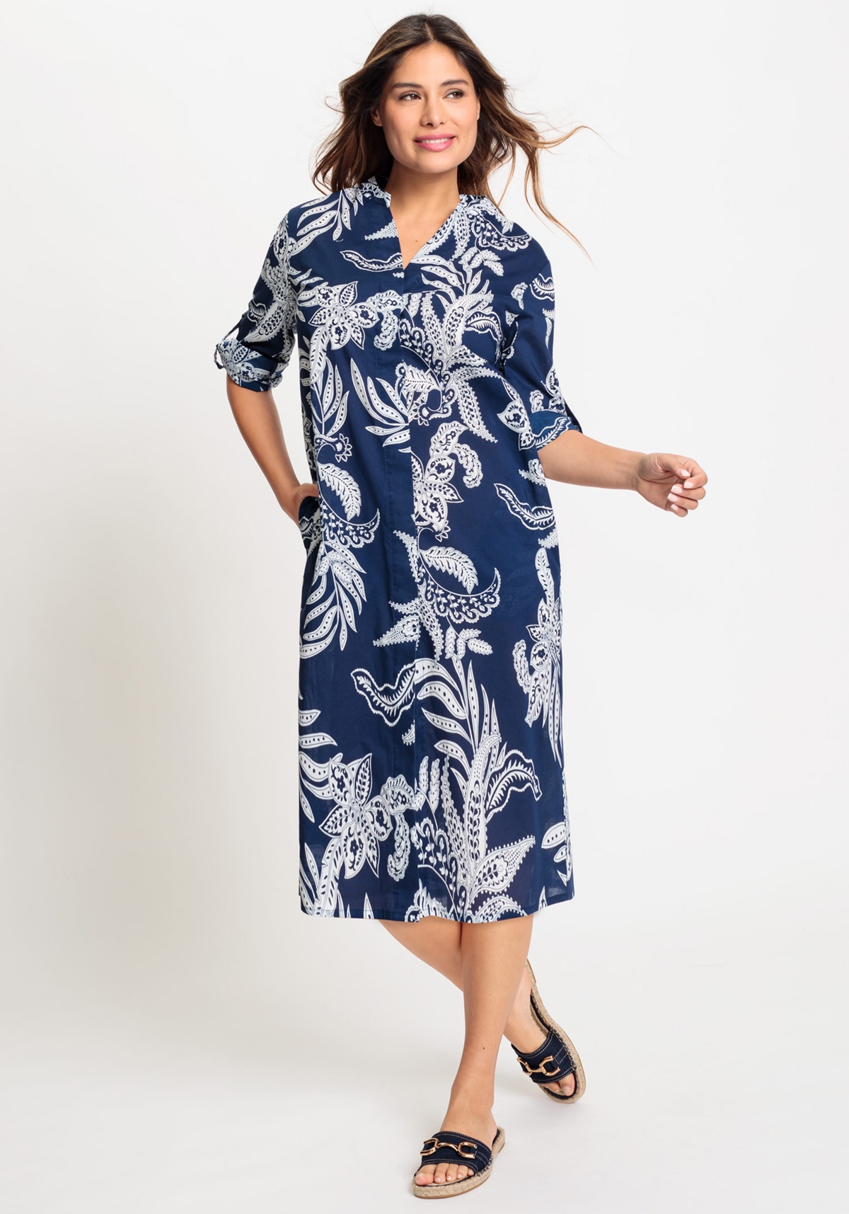Women's 100% Cotton 3/4 Sleeve Collarless Paisley Floral Tunic Shirt Dress - Night blue