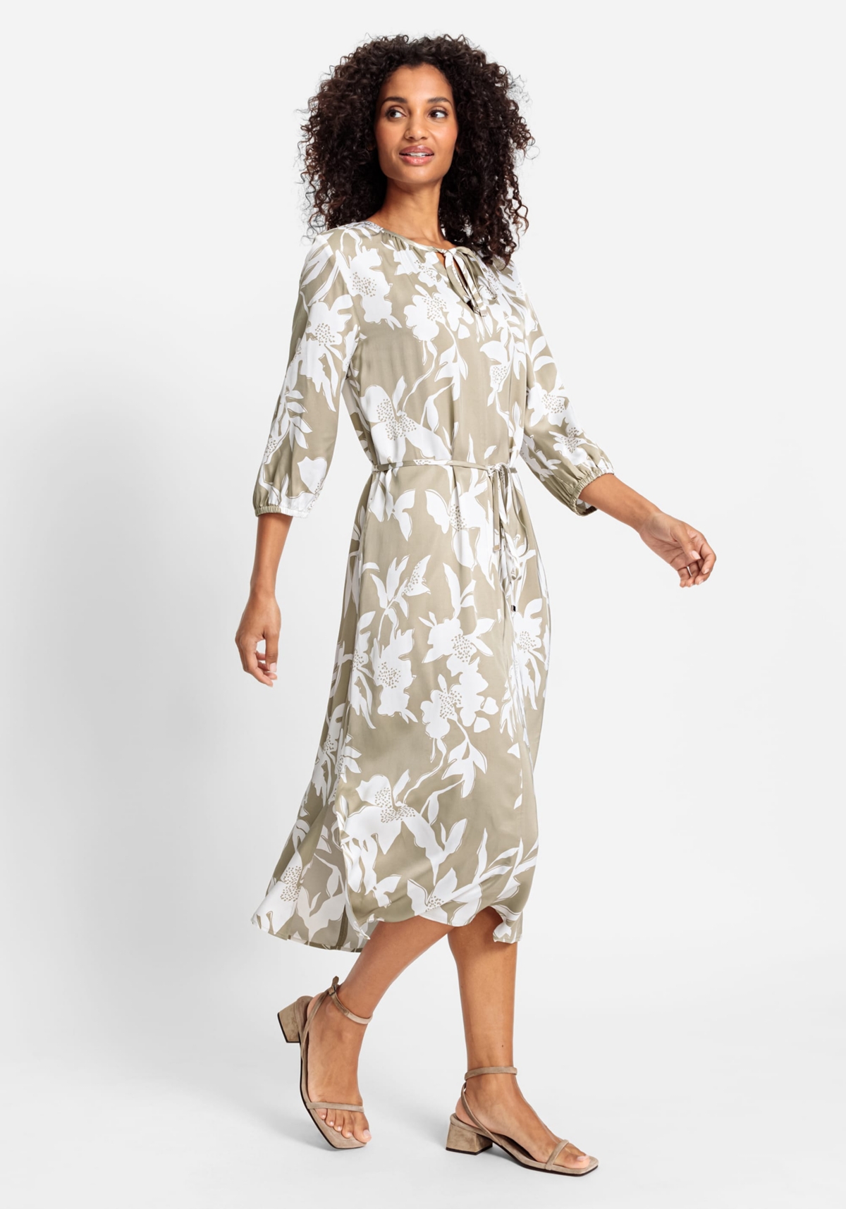 Women's Long Sleeve Abstract Floral Print Dress - Light khaki