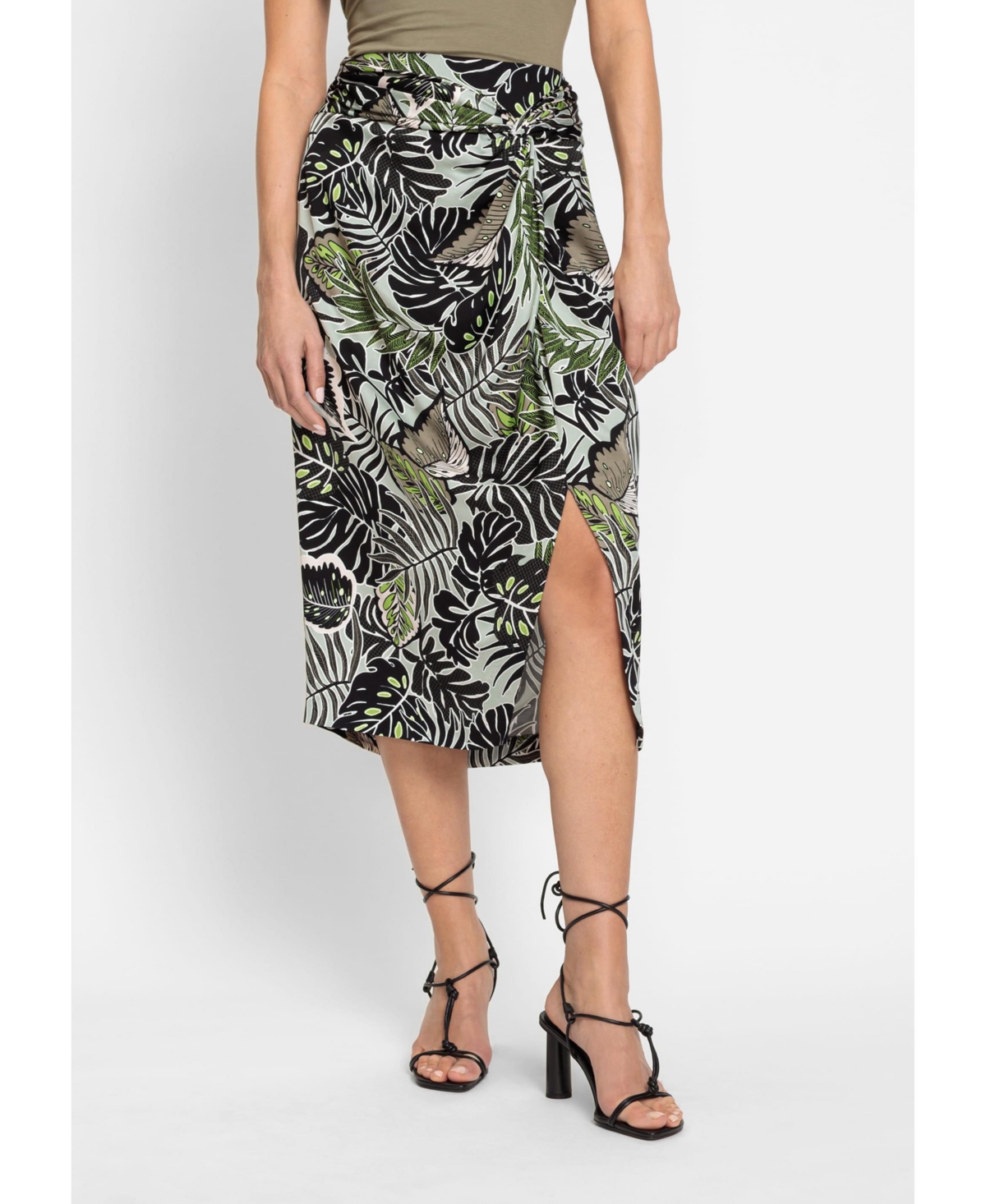 Women's Satin Effect Midi Skirt with Leaf Print - Dk khaki