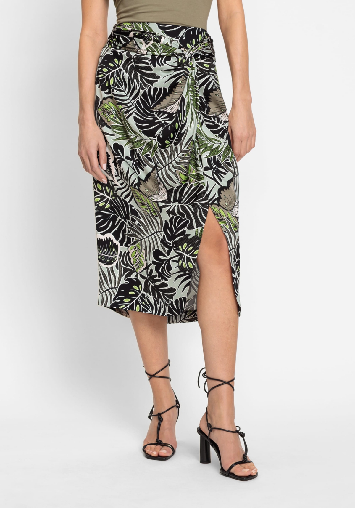 Women's Satin Effect Midi Skirt with Leaf Print - Dk khaki