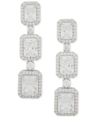 Arabella - Cubic Zirconia Graduated Square Halo Linear Drop Earrings in Sterling Silver