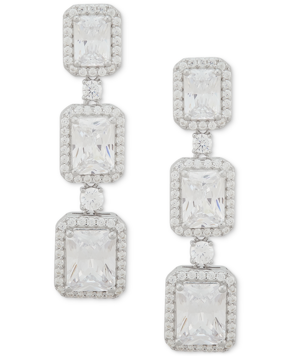 Cubic Zirconia Graduated Square Halo Linear Drop Earrings in Sterling Silver - Sterling Silver