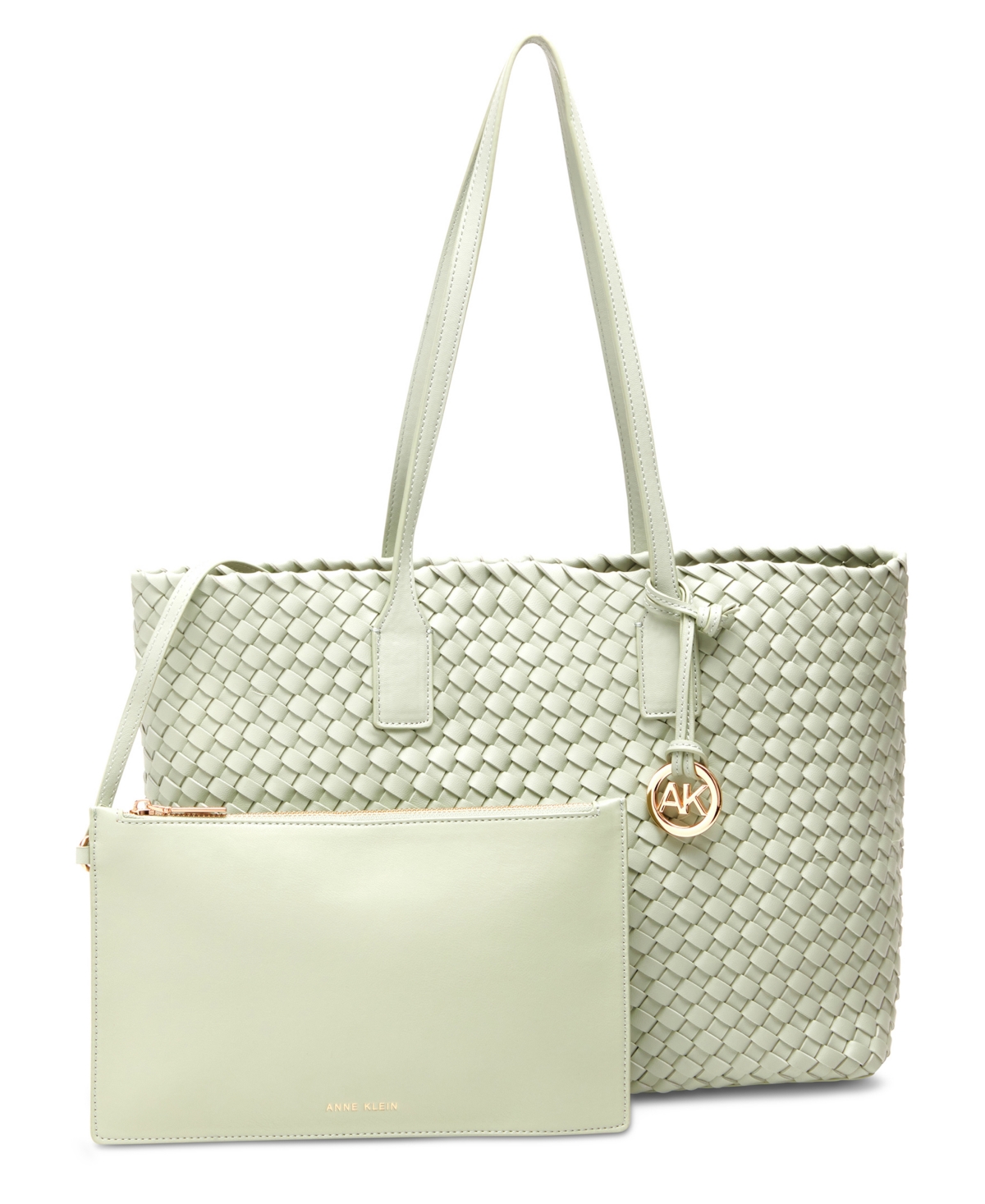 Shop Anne Klein Woven Tote With Pouch In Green Fig