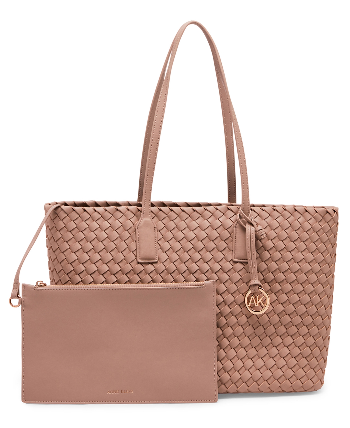 Shop Anne Klein Woven Tote With Pouch In Stone