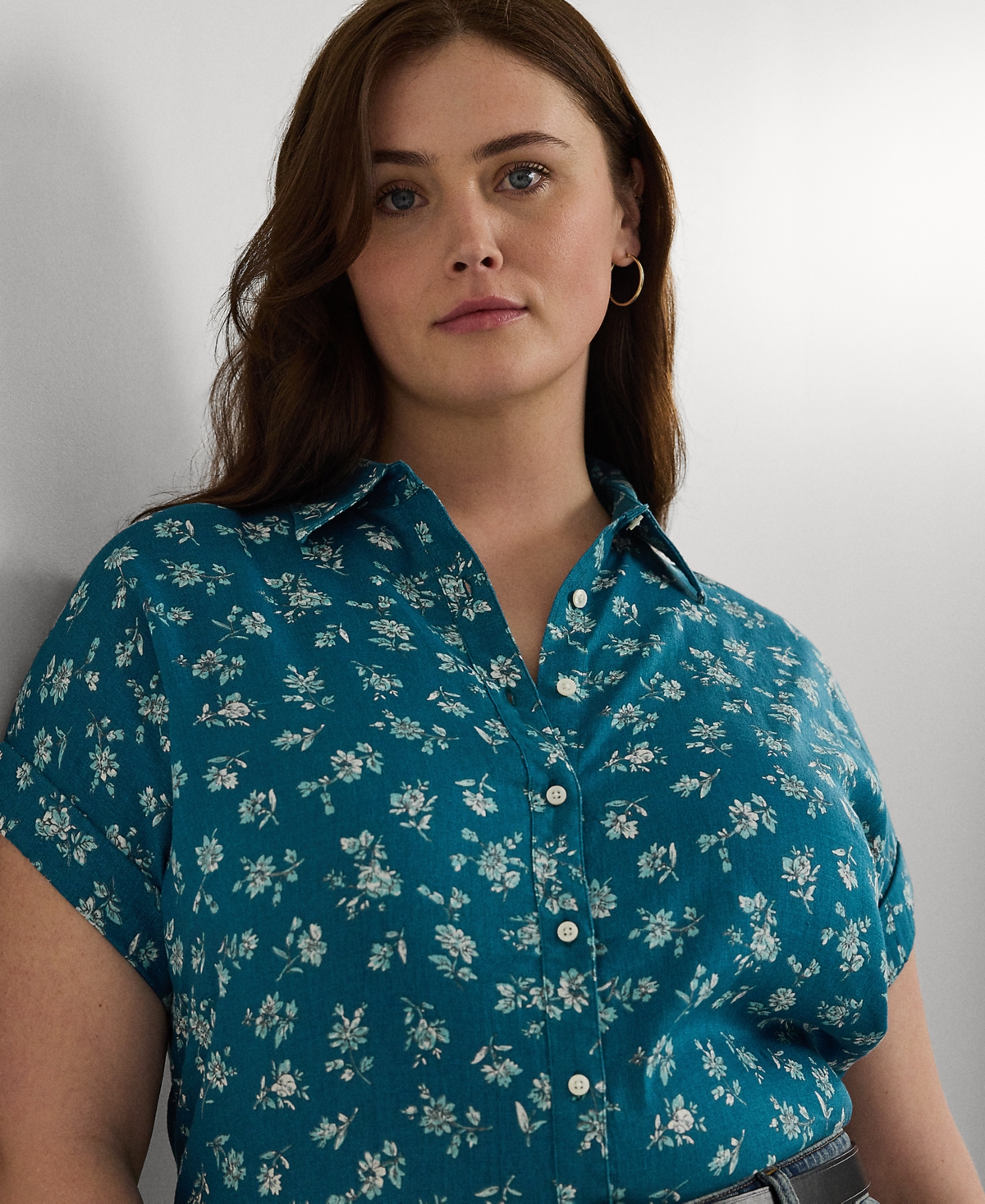 Lauren Ralph Lauren Plus Size Cuffed Linen Floral Shirt