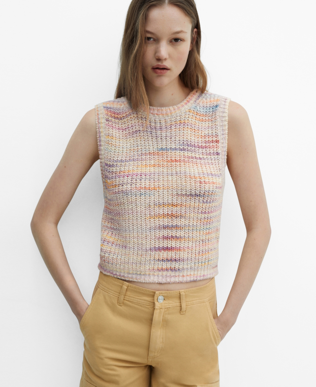 Women's Multi-Coloured Knitted Vest - Light Beige