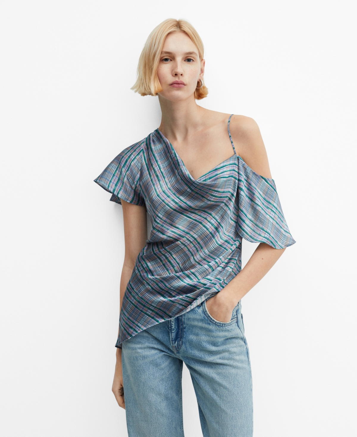 Mango Asymmetric Satin Check Blouse Blue In Medium Blue