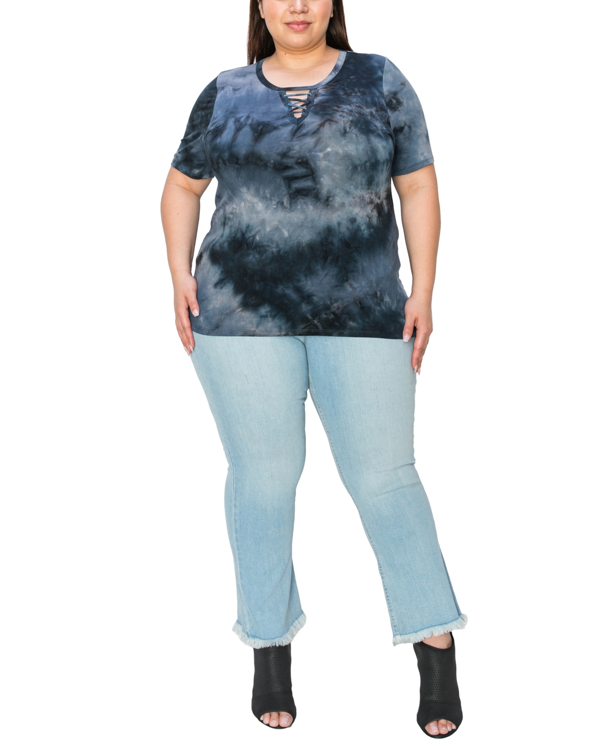 Shop Coin 1804 Plus Tie Dye Lace Up Short Sleeve Top In Teal Grey