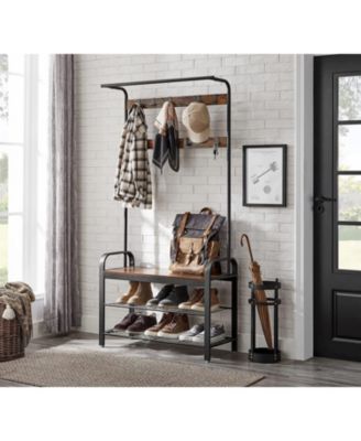 Hall Tree With Shoe Bench For Entryway, Industrial Accent Furniture With Steel Frame