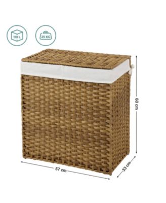 Synthetic Rattan Laundry Hamper with Lid, 2 Sections Removable Liner Bag