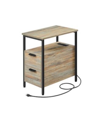 Slim Side Table with Built In Charging Station and Double Drawer Storage