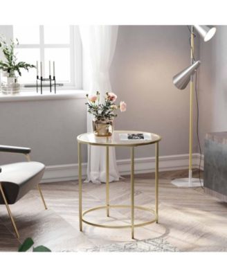 Round Side Table, Glass End Table With Metal Frame, Small Coffee Accent Table