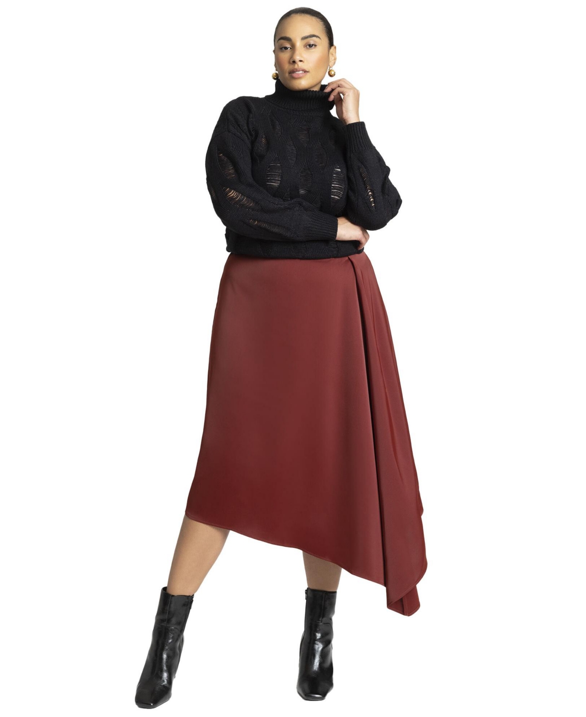Plus Size Peaked Drape Skirt - Fired brick
