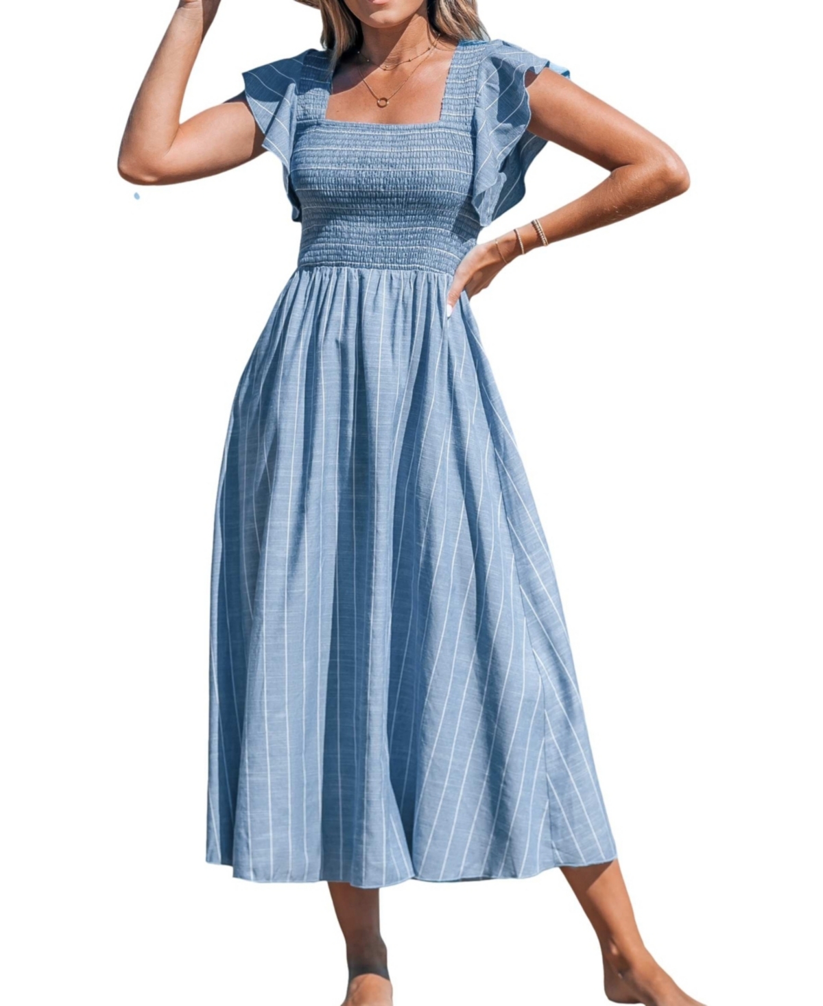 Women's Pinstriped Smocked Maxi Beach Dress - Blue