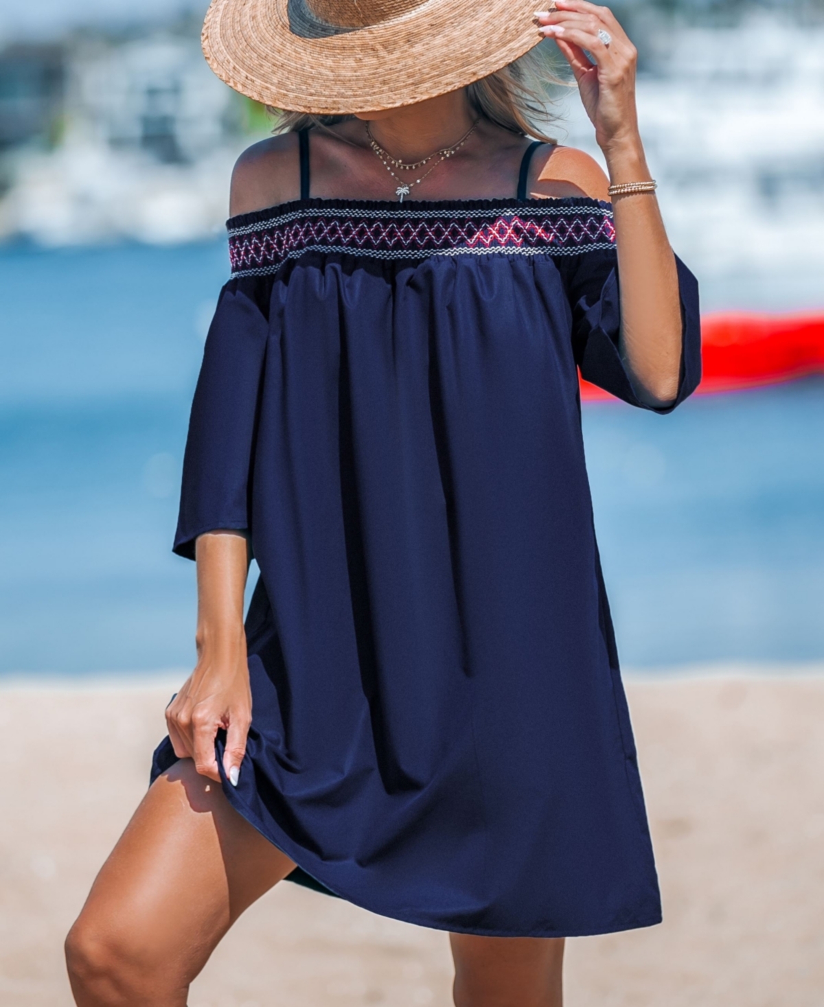 Cupshe Women's Smocked Lace Open-Shoulder Beach Dress