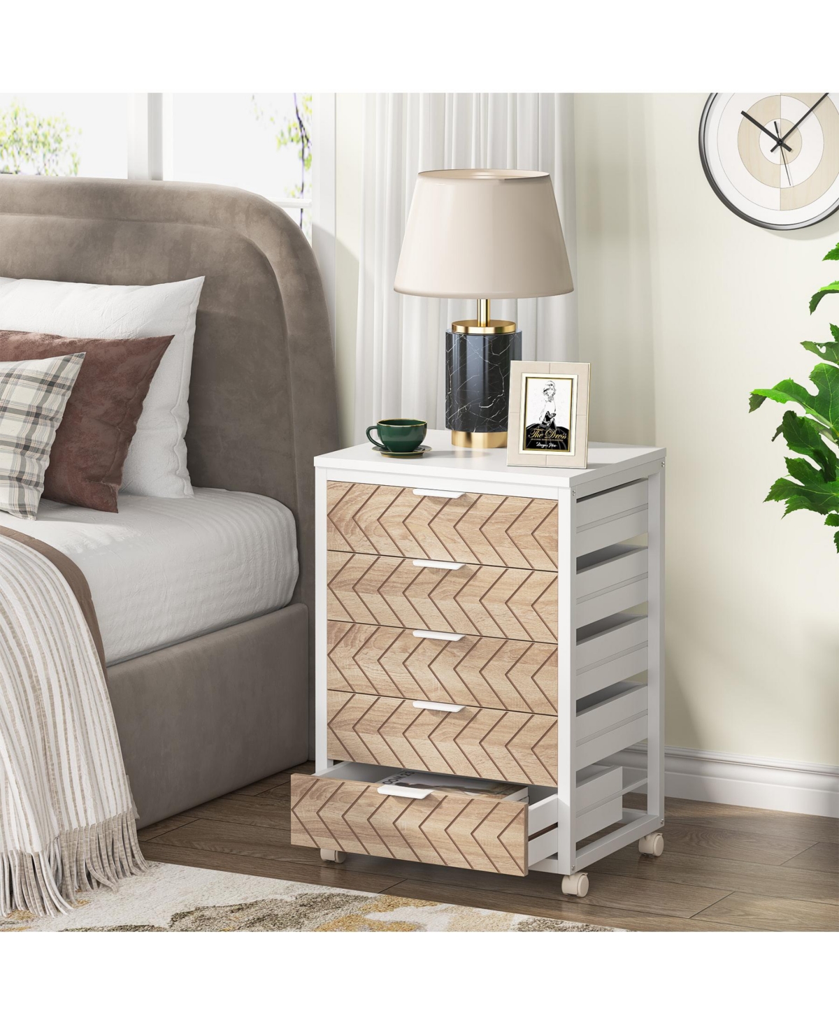 Tribesigns 5 Drawer Chest, Wood Storage Dresser Cabinet with Wheels, Industrial Organizer Cart for Office Bedroom Entryway