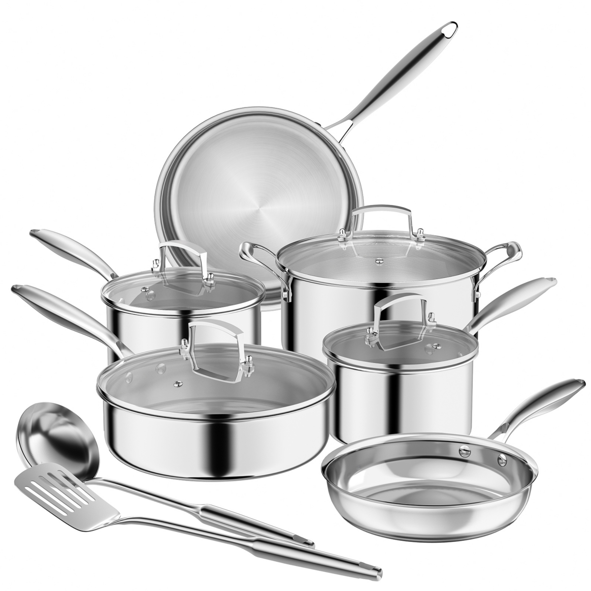 12-Piece Tri-Ply NonStick Stainless Steel Cookware Set with Premium Magnetic Stainless Exterior, Aluminum Core for Even Heat Distribution