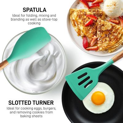 5 Piece Silicone Utensils Set with Authentic Acacia Wood Handles