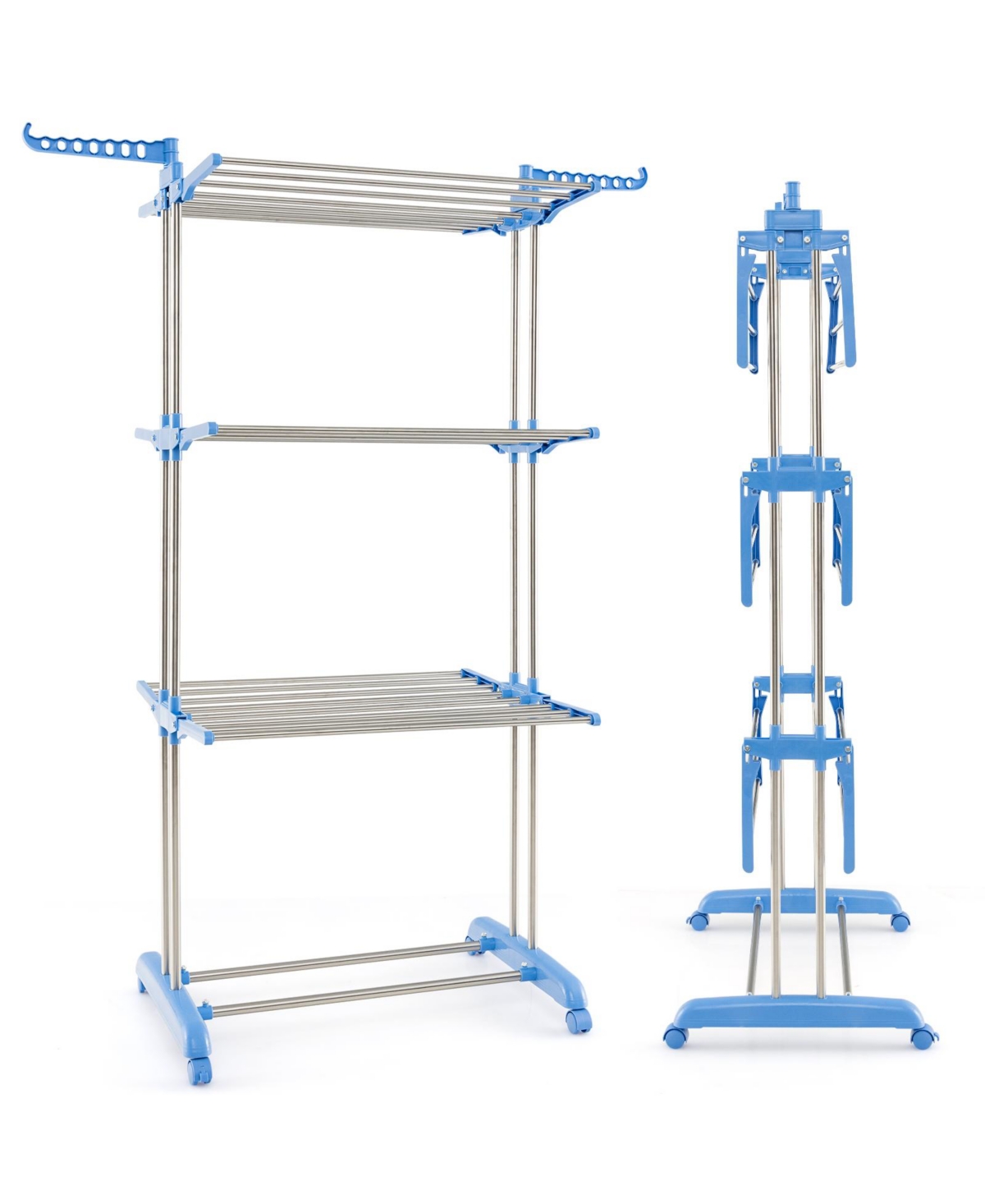 4-tier Folding Clothes Drying Rack with Rotatable Side Wings & Collapsible Shelves - Blue