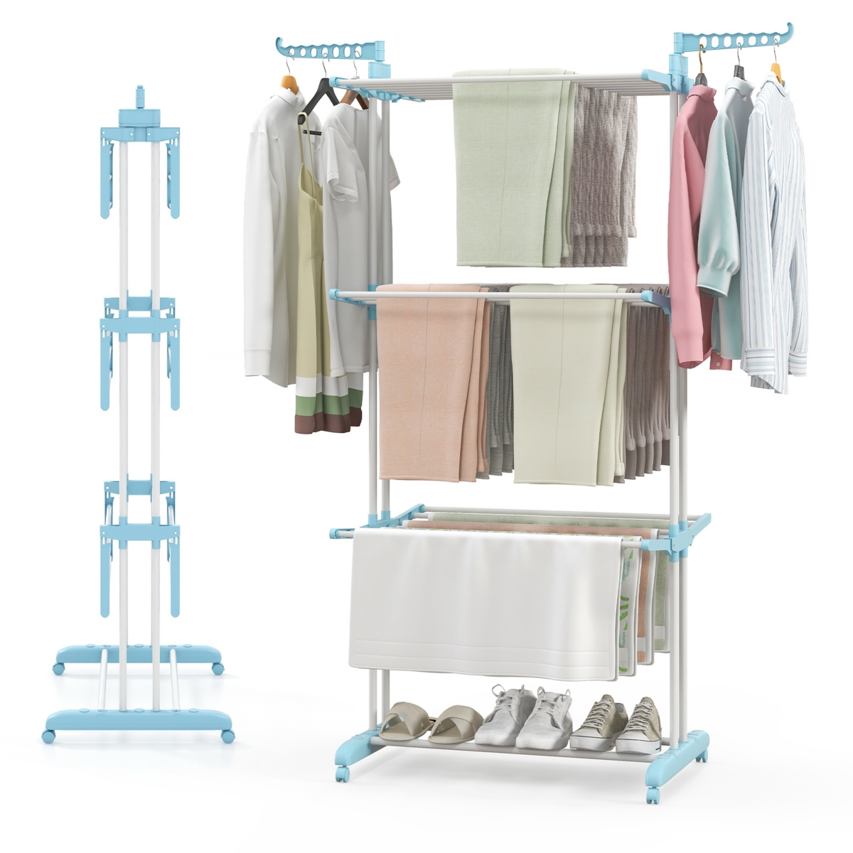 4-tier Folding Clothes Drying Rack with Rotatable Side Wings & Collapsible Shelves - Blue