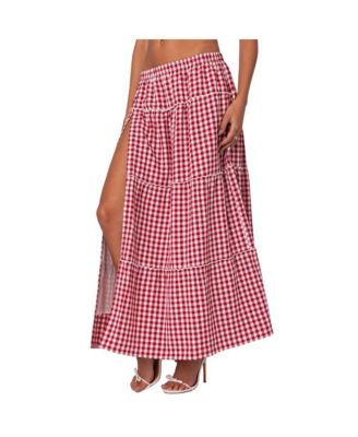 Women's Gingham Side Slit Tiered Maxi Skirt