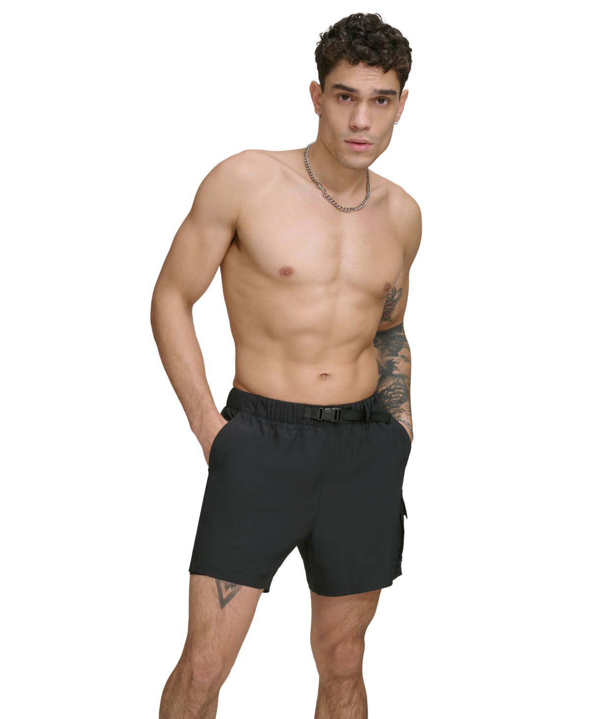 Shop Dkny Men's Stretch Cargo Pocket Hybrid 5" Volley Shorts In Black