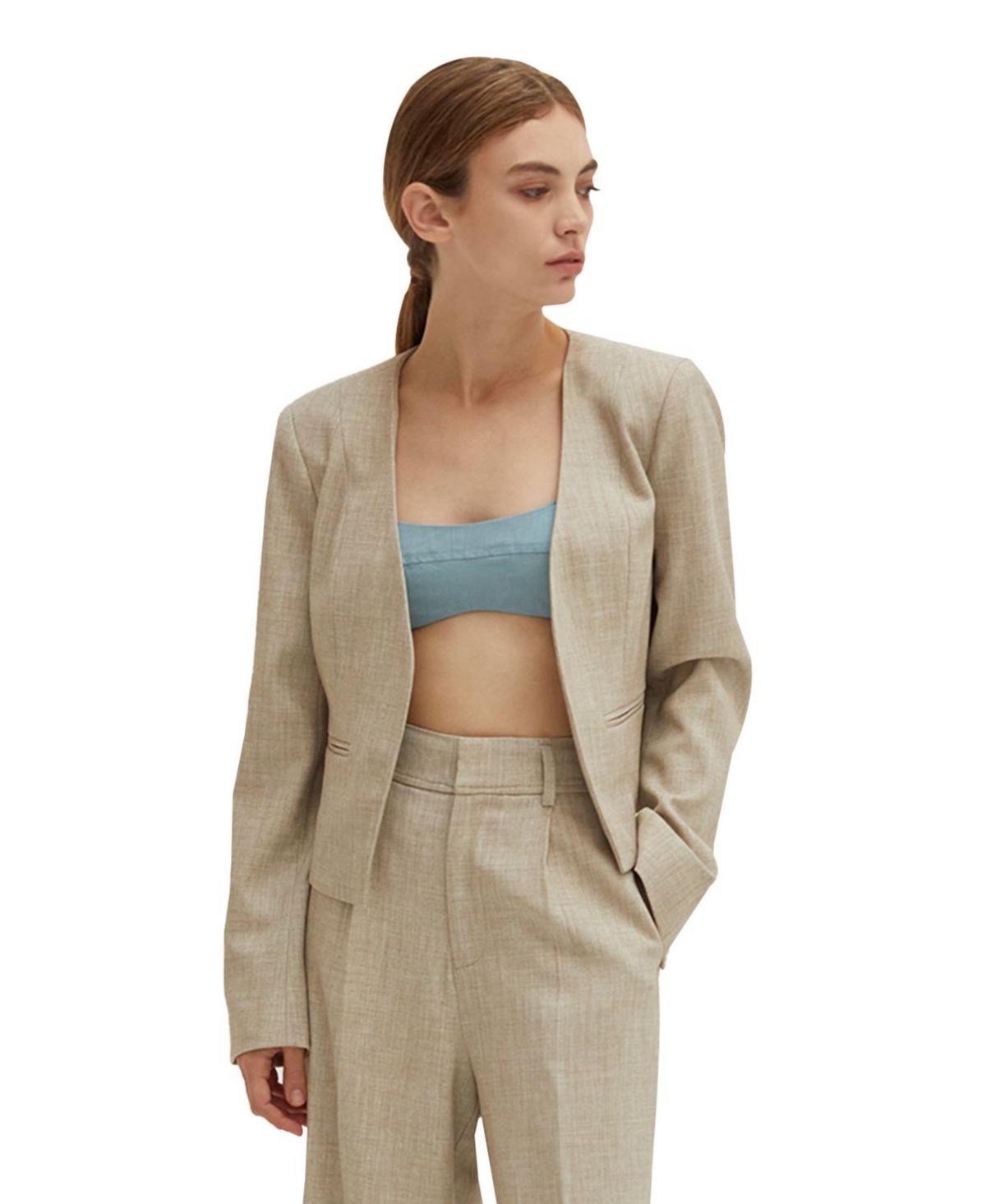 Women's Sofia Crop Open Blazer - Light beige + oatmeal