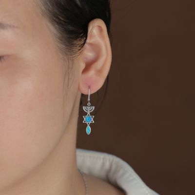 Created Blue Opal Religious Judaica Menorah Hanukkah Star Of David Leverback Dangle Earrings Bat Mitzvah Sterling Silver
