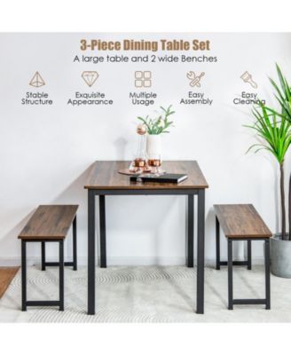 3 Pieces Dining Table Set with 2 Benches for Dining Room Kitchen Bar